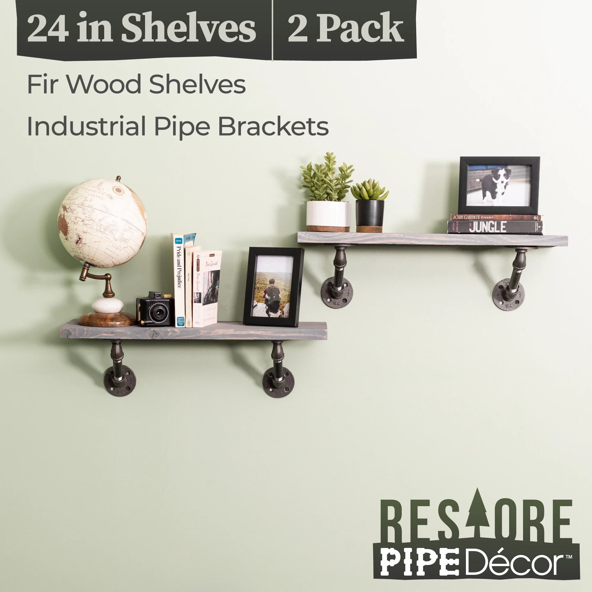 24 in. x 7.5 in. x 6.75 in. Riverstone Grey Restore Wood Wall Shelving with Industrial Angled Steel Pipe Brackets