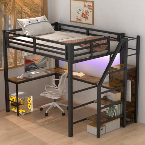 Full Size Loft Bed with L-Shaped Desk, LED Light, and Wardrobe, Heavy Duty Metal Loft Bed with Storage Shelves and USB Charging Station Safety Guard & Ladder for Kids, Teens, and Adults