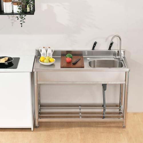 Stainless Steel Utility Sink Freestanding Kitchen Sink with Faucet Single Bowl 16 Gauge Outdoor Workbench with Knife Hole for Restaurant or Laundry Room