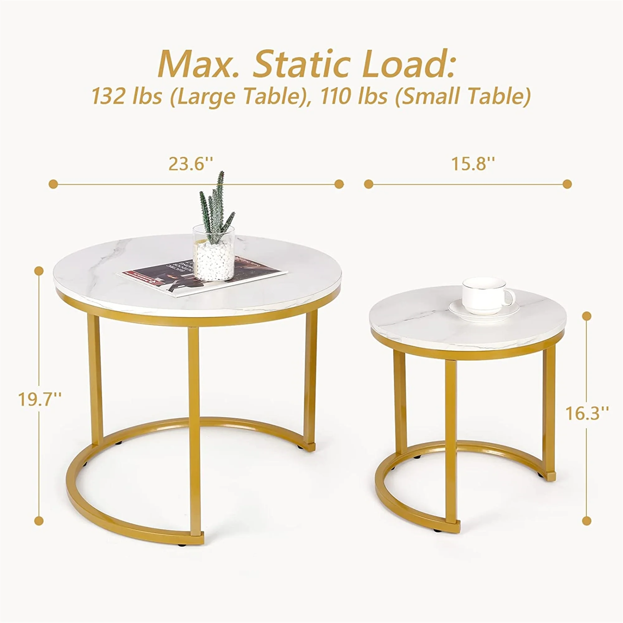 Modern Round Nesting Tables with Metal Frame (Set of 2) (White & Black)