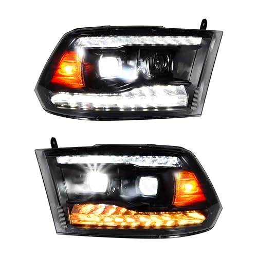 Full LED Projector Headlights Set for 2009-2018 Dodge Ram 1500, Sequential Turn Signal Dual Projector Headlights With Switchback Dual LED Bar for 09-18 Ram 1500/10-18 Ram 2500/3500 (2PCS)