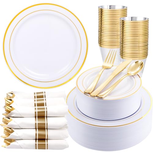 350Piece Gold Dinnerware Set for 50 Guests - Gold Plastic Plates with Disposable Cutlery Include:50Dinner Plates-50Dessert Plates-50Pre Rolled Napkins with Silverware for Thanksgiving