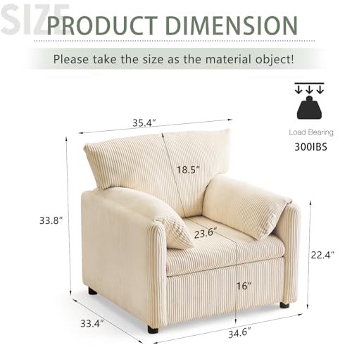 Corduroy Single Sofa Chair Modern Upholstered Accent Chair for Reading Comfy Living Room Chairs with Side Pocket Oversized Armchair for Bedroom, Office(Beige)