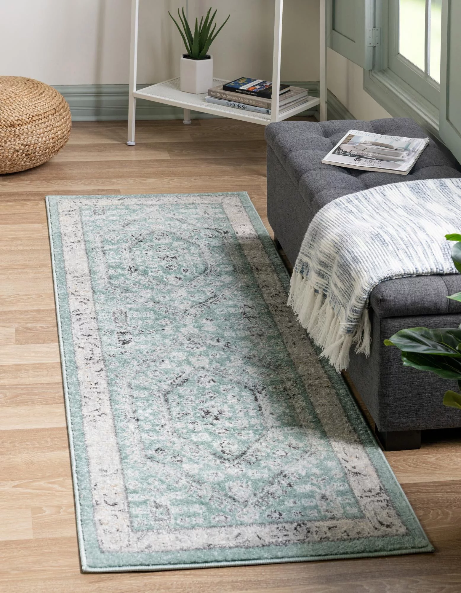Rugs.com Aurelia Collection Rug – 8 Ft Runner Aqua Medium-Pile Rug Perfect For Hallways, Entryways