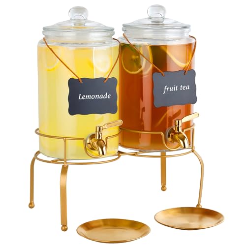 Drink Dispensers for Parties, 2 Pack 1 Gallon Beverage Dispenser with Stand, Drink Dispenser With Glass Lid, juice dispensers for parties