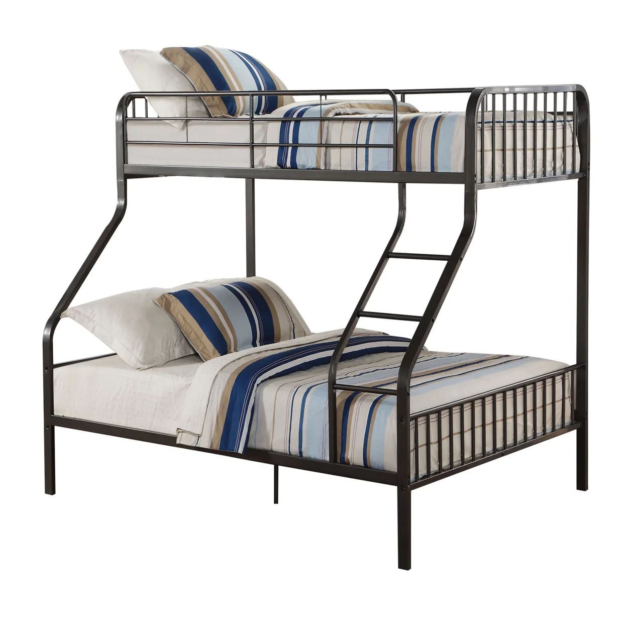 Metal Twin over Queen Size Bunk Bed with Guardrail and Ladder, Gunmetal