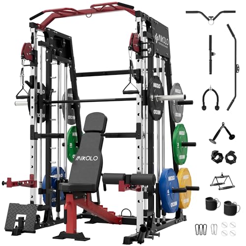 Mikolo Smith Machine, 2200lbs Squat Rack with LAT-Pull Down System & Cable Crossover Machine, Training Equipment with Leg Hold-Down Attachment
