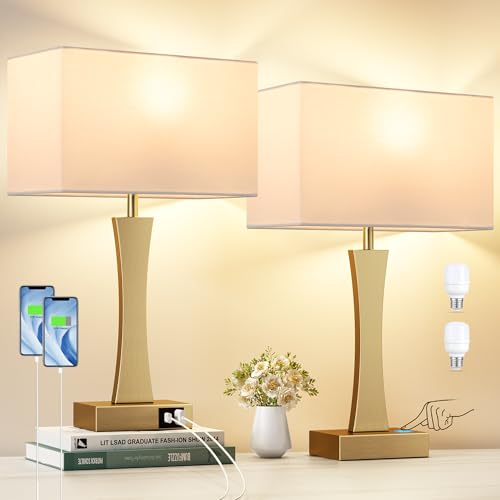 Bedside Lamps for Night Stands - 3 Way Dimmable Table Lamp for Bedroom with USB C+A Ports,Modern Bedside Lamps Set of 2, Touch Lamps for Nightstand Living Room Side Table End Tables(Bulbs Included)