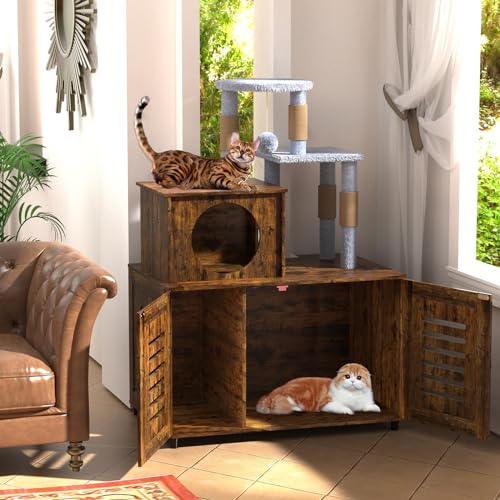 White All-in-one Cat Cabinet with Litter Box Enclosure, Scratching Post, Soft Plush Perch and Divider