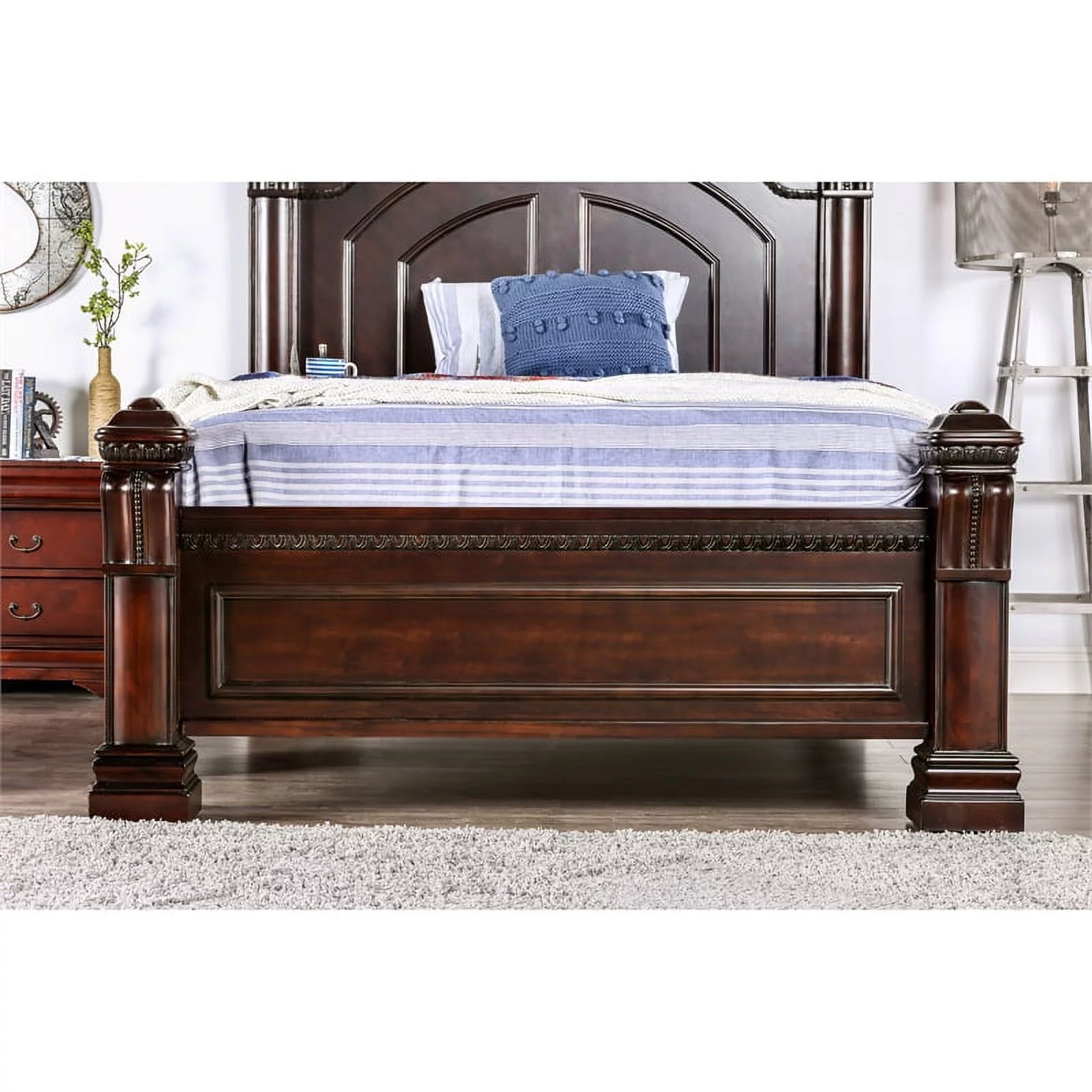 Furniture of America Oulette Transitional Wood Queen Poster Bed in Cherry