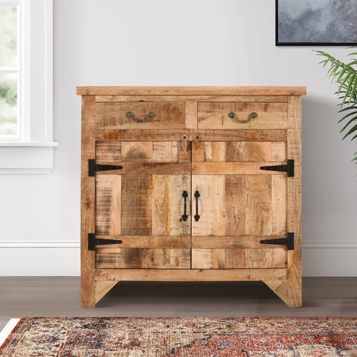 39 Inch Artisanal Farmhouse Style 2 Drawer Mango Wood Cabinet Console with 2 Door Storage, Rustic Brown- Saltoro Sherpi