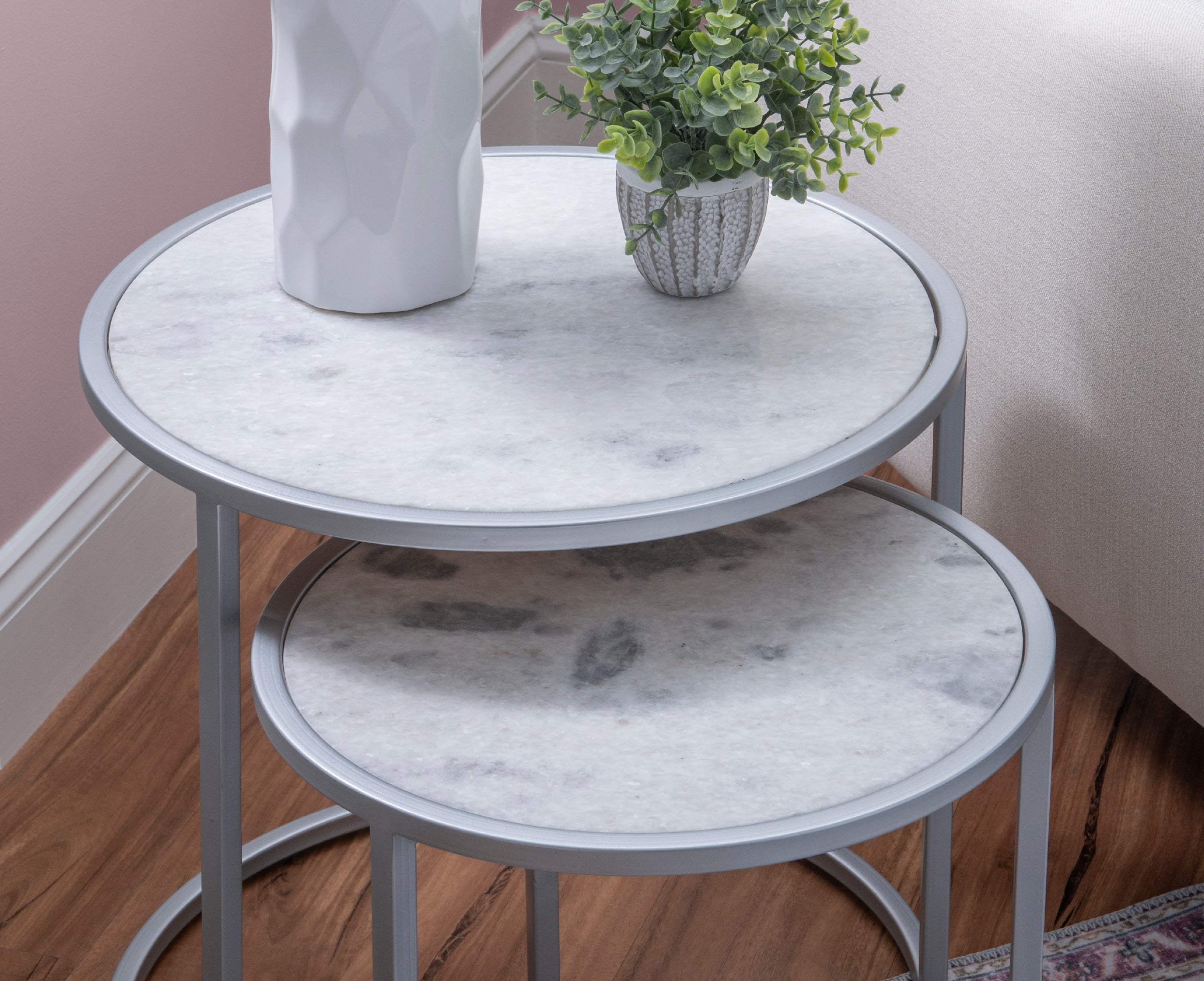 Heather Round Nesting Tables, Set of 2, Silver Metal Base with White Marble Tops