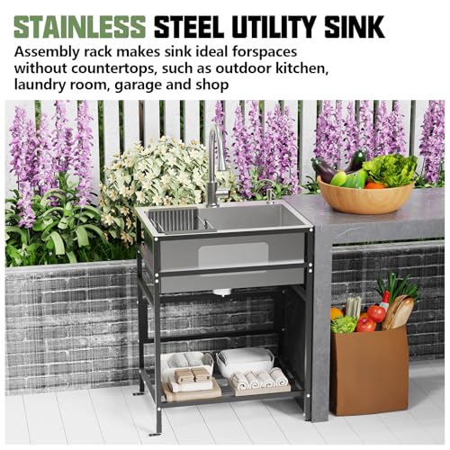 Black utility sink, 25x18 Inch Stainless Steel Freestanding Laundry Sink Practicality With Accessories-Black Faucet,Soap Dispenser, SS Sink Grid, Colander For Laundry,Garage,Outdoor Kitchen,Garden...