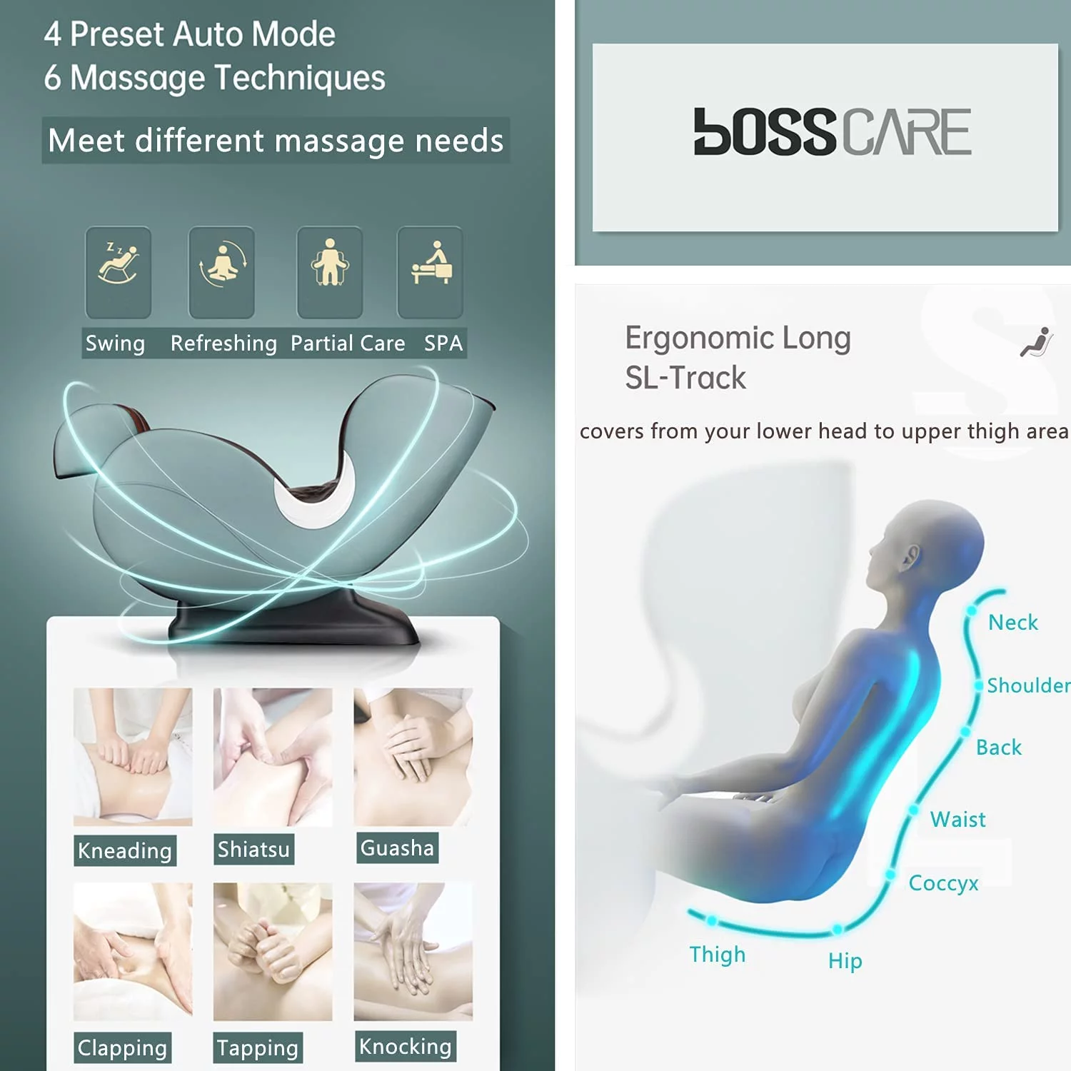 BOSSCARE Massage Chairs SL Track Full Body Zero Gravity Shiatsu Recliner whit Bluetooth Speaker Light Grey