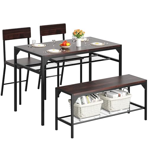 Shintenchi Kitchen Table Chairs Set of 4, Dining Table Set for 4 with Bench and Chairs, 4 Pieces Kitchen Table Set with Storage Rack & Metal Frame for Small Space, Black