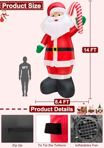 14 FT Giant Christmas Inflatable Santa Claus Outdoor Decorations,Blow Up Yard Decoration with Candy Cane Built-in LED Lights for Xmas Outside Decor Holiday Lawn Garden Party Decorations