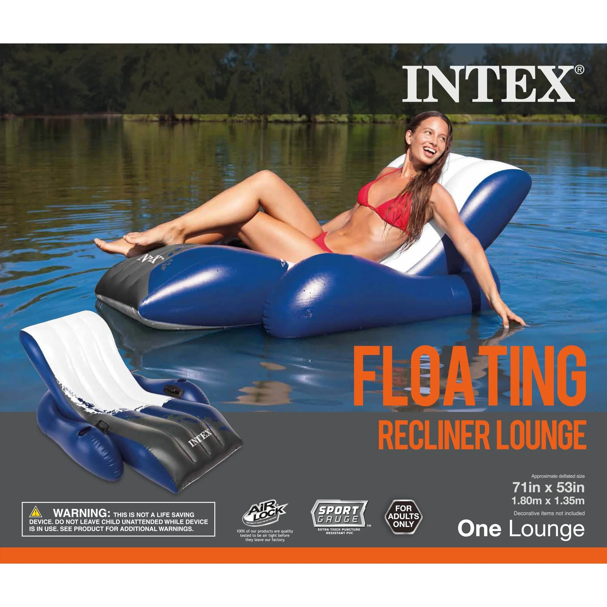 Inflatable Floating Lounge Pool Recliner Chair W/ Cup Holders, Blue/Black/White, Adult