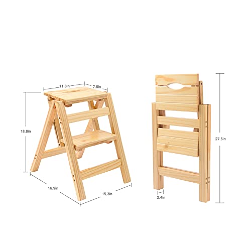 Step Stool Foldable, Folding Wooden Step Ladder, Multi-Use As Counter Chair/Kitchen Cabinet Stool Ladder/Closet Stool etc. Scientific Stable Structure, Helpful Step Stool for Home (2Step-White)