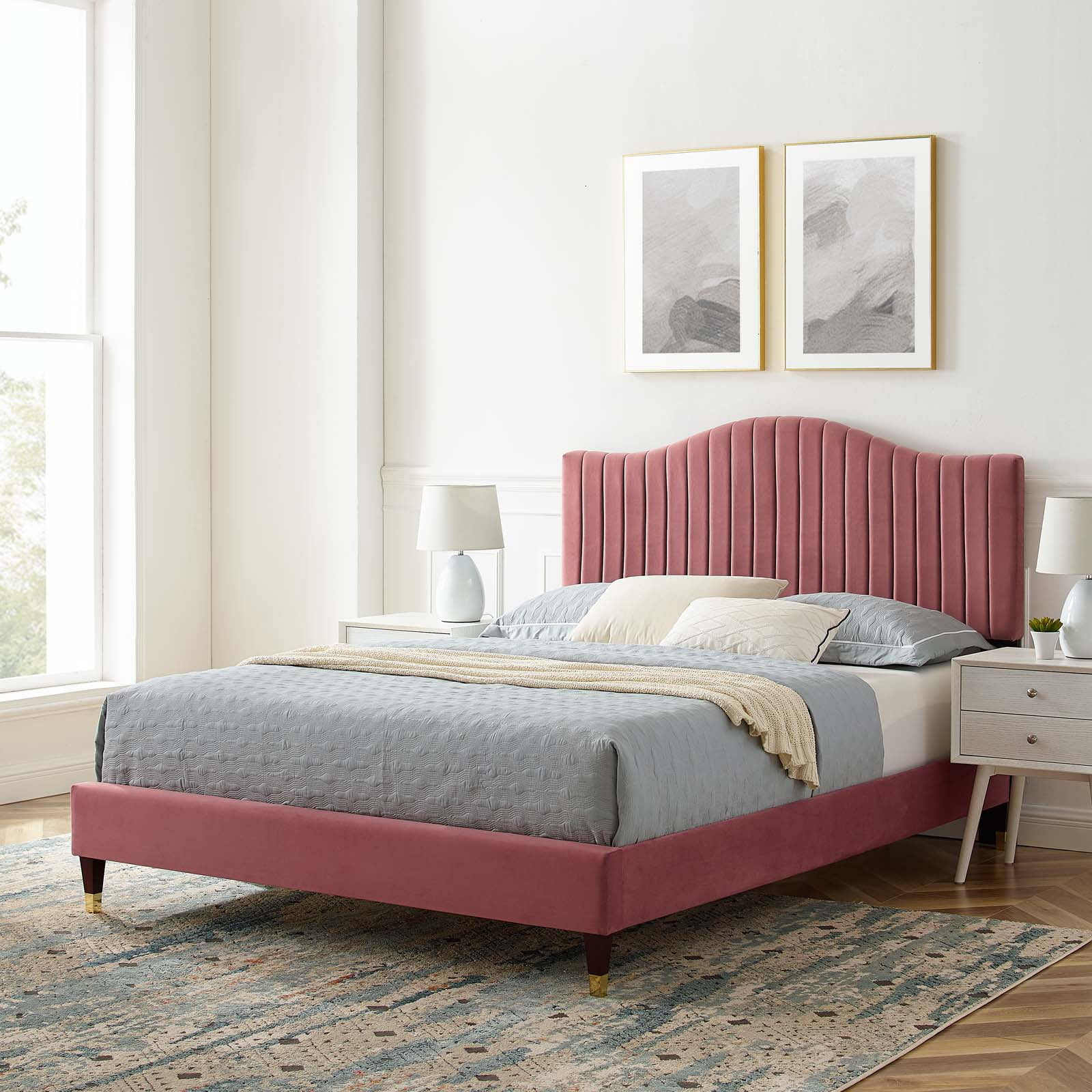 Tufted Platform Bed Frame, Queen Size, Velvet, Pink, Modern Contemporary Urban Design, Bedroom Master Guest Suite