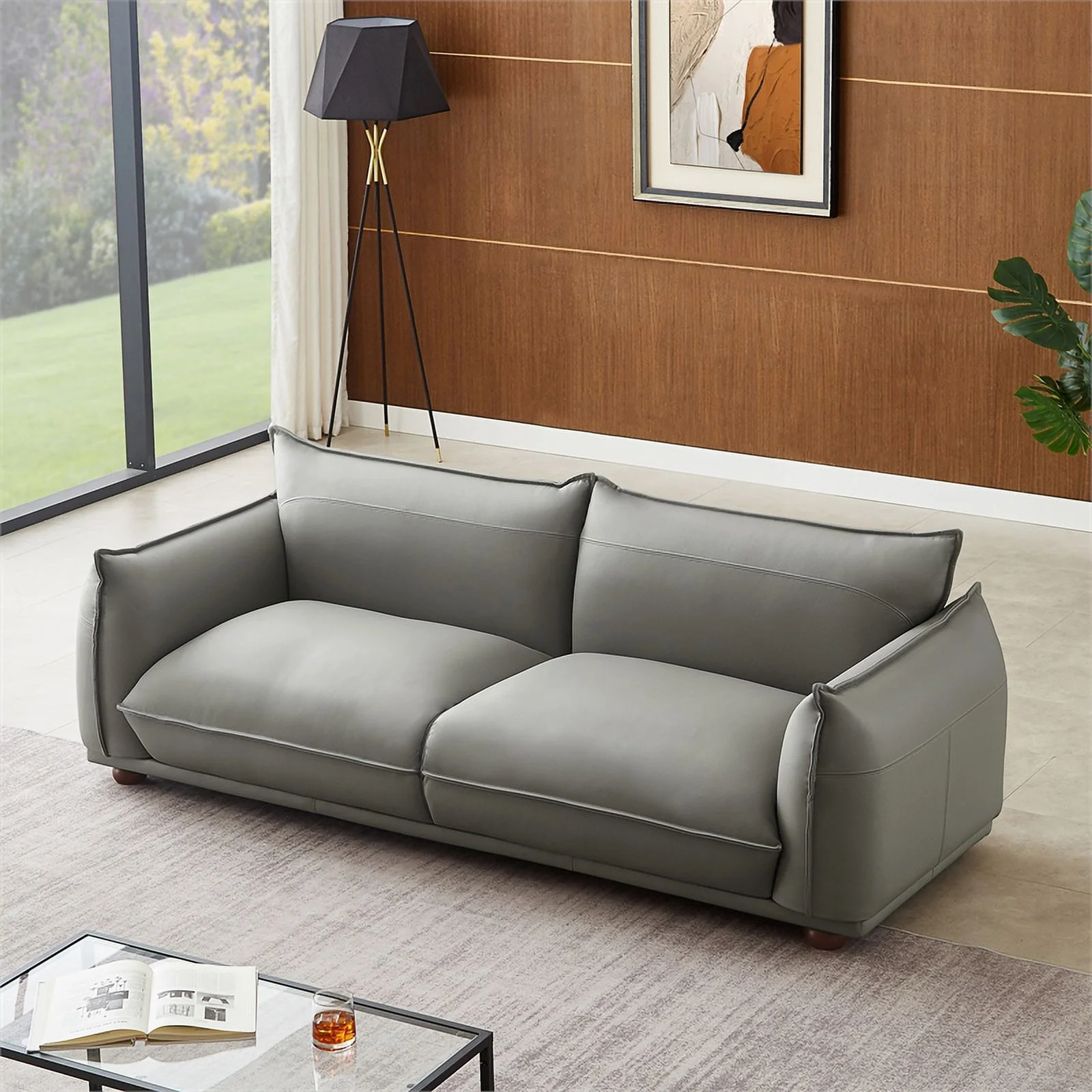 Maner Mid-Century Modern Luxury Living Room Couch in Gray Leather
