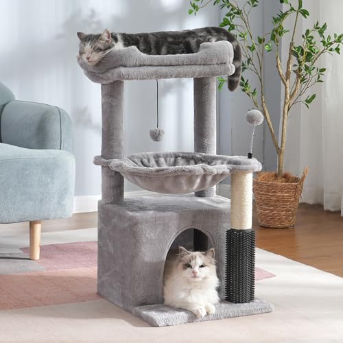 5 in 1 Cat Tree 32 Inches Cat Tower with Self Groomer,15.7”Large Hammock, Fully Scratching Post, Removable Top Perch and Wide Condo for Indoor Cats-Gray
