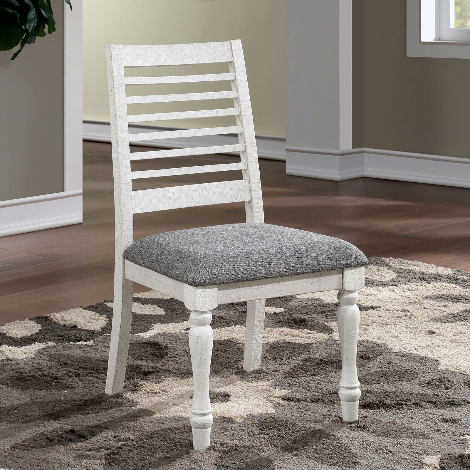 Classic Two-Tone Dining Table 6x Side Chairs 7pc Set Antique White And Gray Solid wood Ladder Back Chairs Fabric Cushions