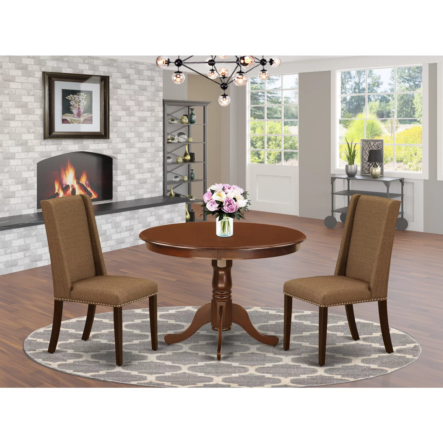 East West Furniture Hartland 3-piece Wood Dining Set in Mahogany/Brown Beige