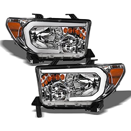 7422438486493 Compatible With 2007-2013 Toyota Tundra / 2008-2017 Sequoia Switchback Sequential LED Strip Bar Chrome Housing Headlights With Amber Reflector