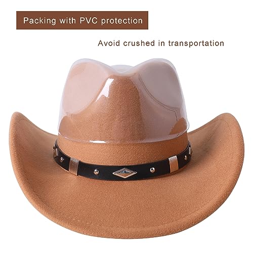 Lanzom Women Men Classic Felt Wide Brim Western Cowboy Cowgirl Hat with Belt Buckle