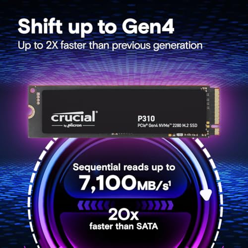 Crucial P310 1TB 2280 PCIe Gen4 3D NAND NVMe M.2 SSD – Up to 7,100 MB/s – Shift up to Gen4, with Acronis Offer, Internal Solid State Drive (PC) – CT1000P310SSD801