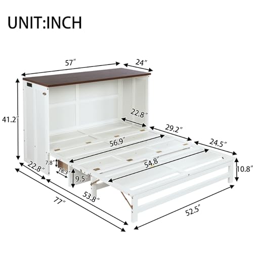 SOFTSEA Queen Size Murphy Bed Cabinet Bed with Storage Drawer and Charging Station, Modern Foldable Platform with USB Port, Space-Saving Hidden Wall Murphy for Home Guest Room Small Room, White