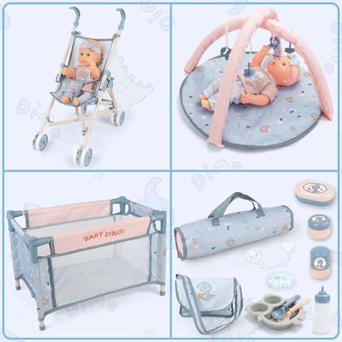 deAO Baby Doll Set,12 inch Doll Playset with Doll Stroller Crib Bed Nursery Role Play Set Accessories and Play Mat,Foldable Stroller and Travel Bag,Doll Toys for Girls