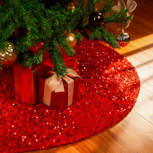 Christmas Tree Skirt 48 Inch, Red Sequin Christmas Trees Skirt, Large Sparkle Xmas Tree Stand Base Used for Christmas Holiday Indoor Home Decoration
