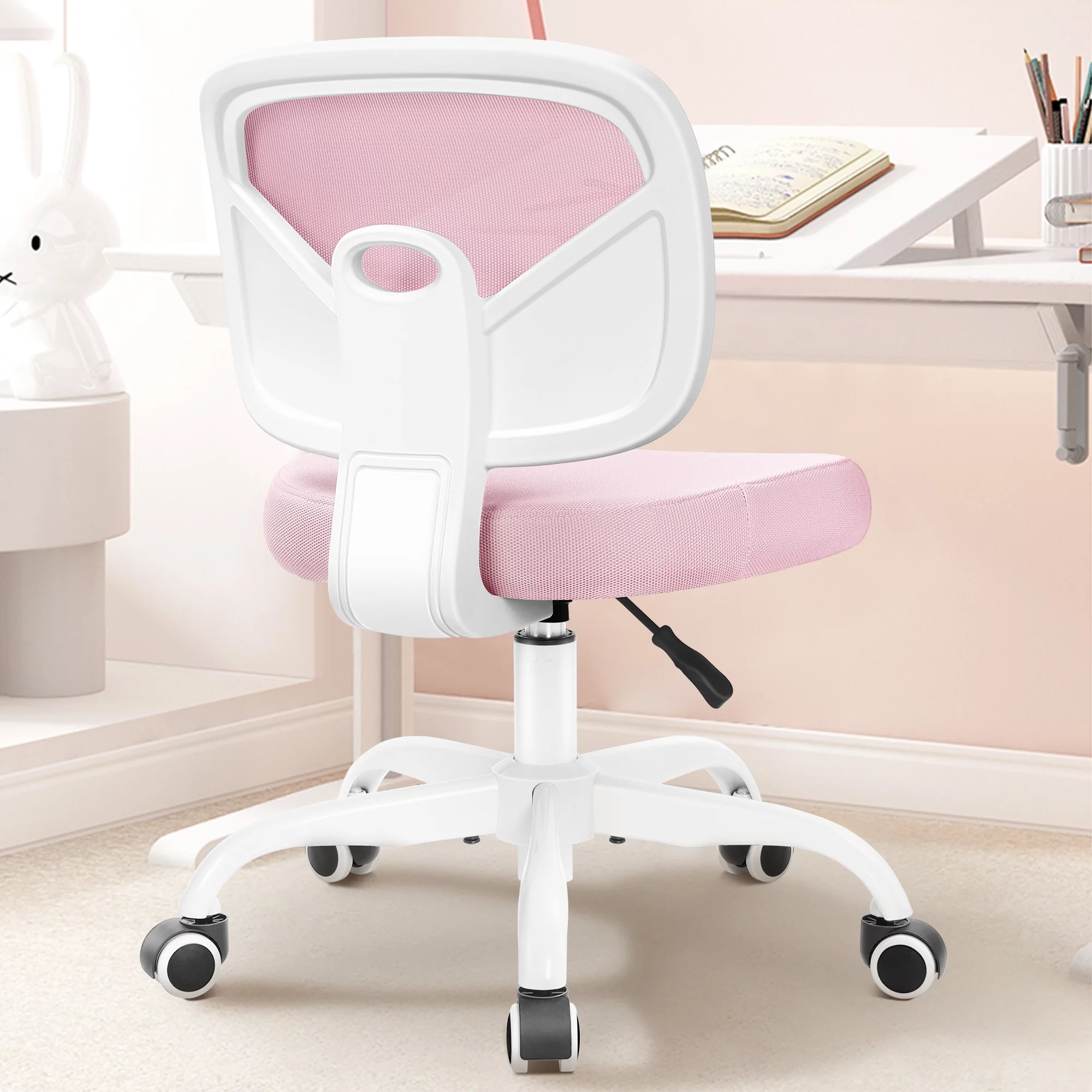 AMZFUN Small Kids Desk Chair, Home Office Computer Desk Chair with Armless Low Back Lumbar Support and Height Adjustable for Small Space (Pink)