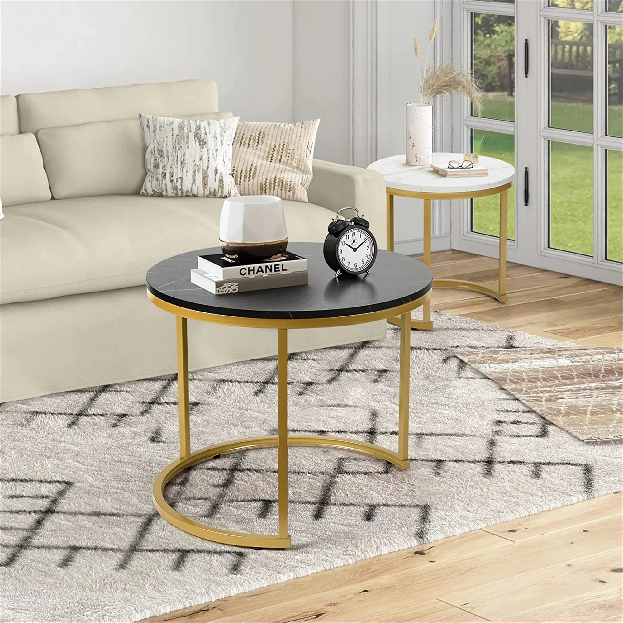 Modern Round Nesting Tables with Metal Frame (Set of 2) (White & Black)
