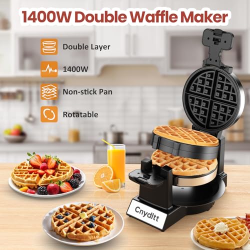 Double Waffle Maker, 1400W Rotating Belgian Waffle Iron with Nonstick Plates, 180° Flip, 8-Slice, Removable Drip Tray, Locking Lid & Cool Touch Handles, Stainless, Black