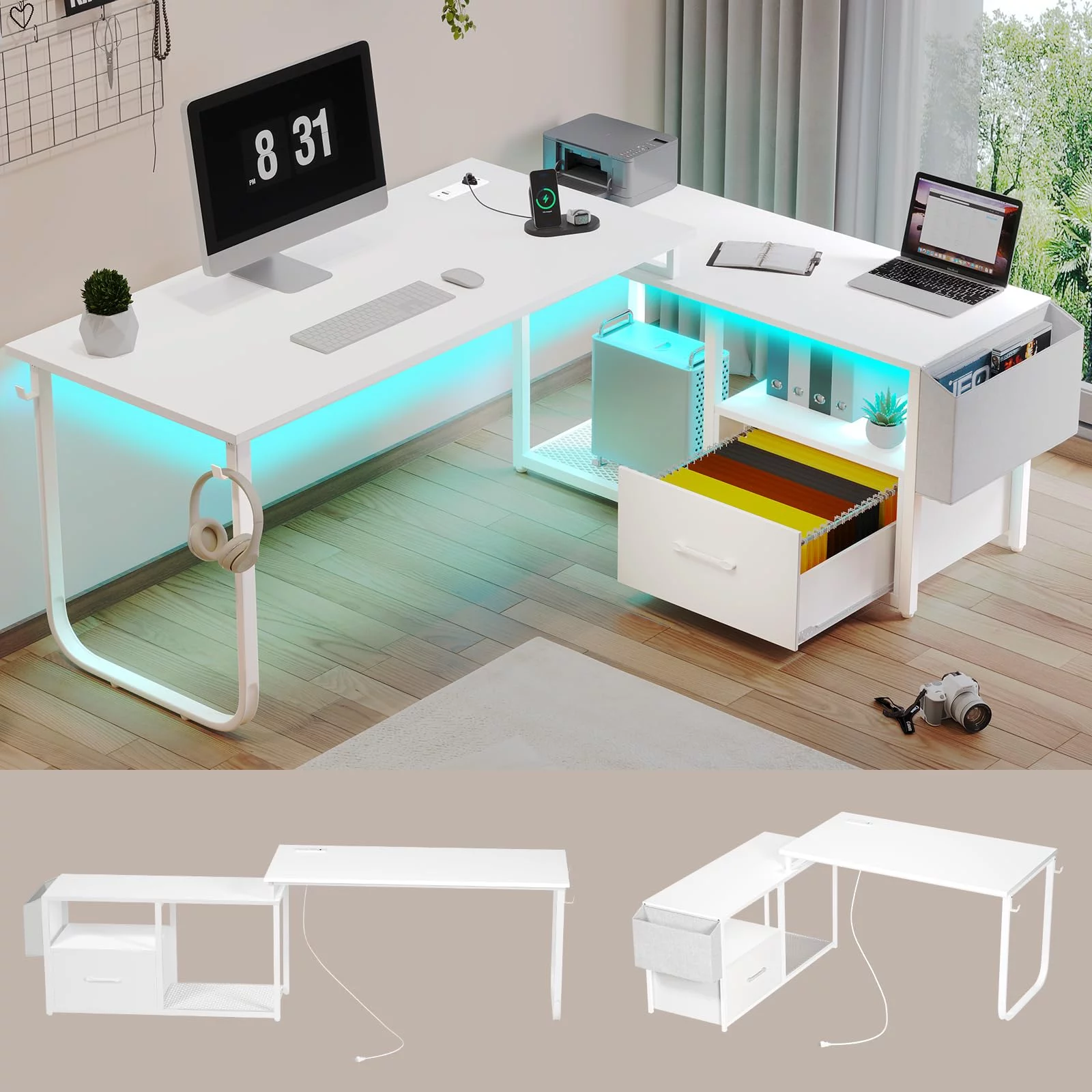 L Shaped Desk with LED Light and Power Outlet, Reversible Corner Office Desk with Drawer, White
