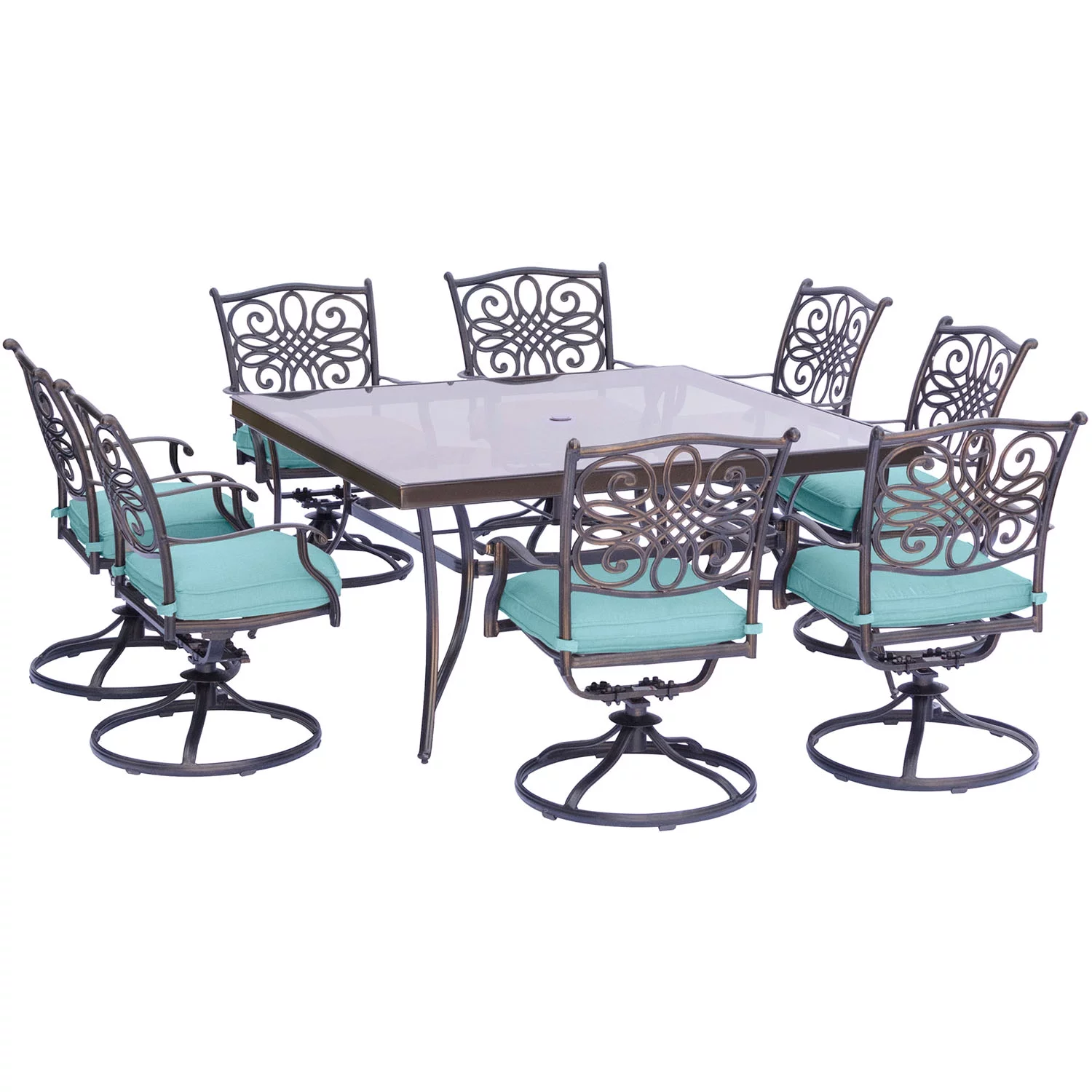 Hanover Traditions 9 Pcs Aluminum Outdoor Dining Set with Glass-top Table, Blue