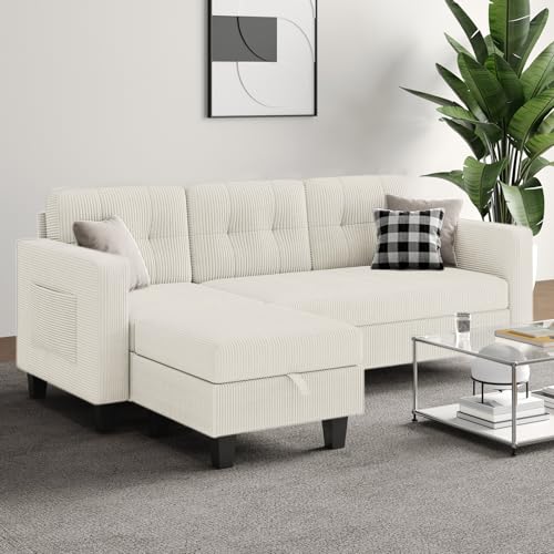 76 Inch L Shaped Sofa, Corduroy Convertible Sectional Couch with Reversible Storage Ottoman, Modern 3 Seat Sectional Sofa for Living Room, Apartment and Small Space
