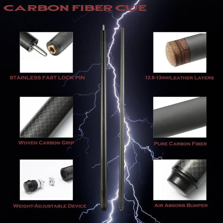 CROWN ME Carbon Fiber Pool Cue Stick 12.8mm Tip Billiard Carbon Fiber cue, 58