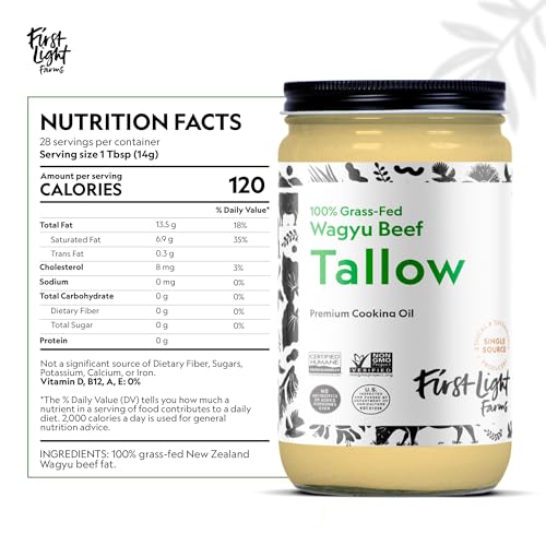 First Light Farms Wagyu Beef Tallow | 100% Grass-Fed & Finished, 14oz Glass Jar | Healthy Cooking Oil, Gluten-Free & Dairy-Free, Perfect for Keto, Whole30, and Carvinore Diet