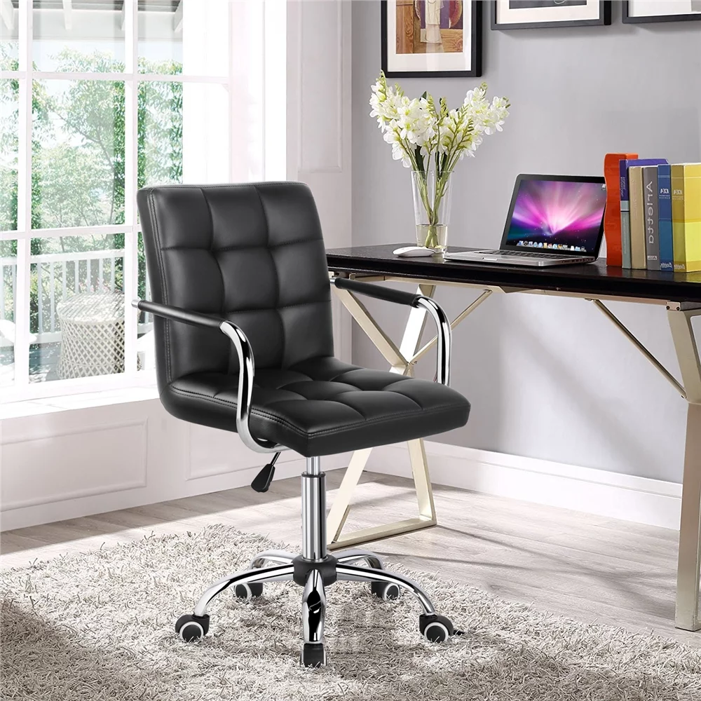 SMILE MART Modern Adjustable Faux Leather Swivel Office Chair with Wheels, Black