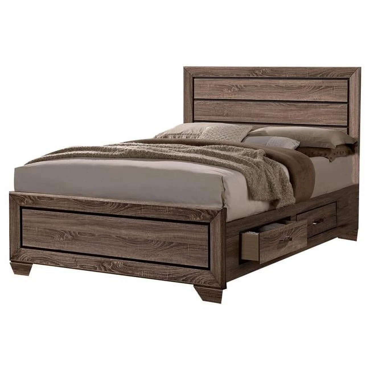 Wooden Eastern King Size Bed with Storage Drawers, Taupe Brown