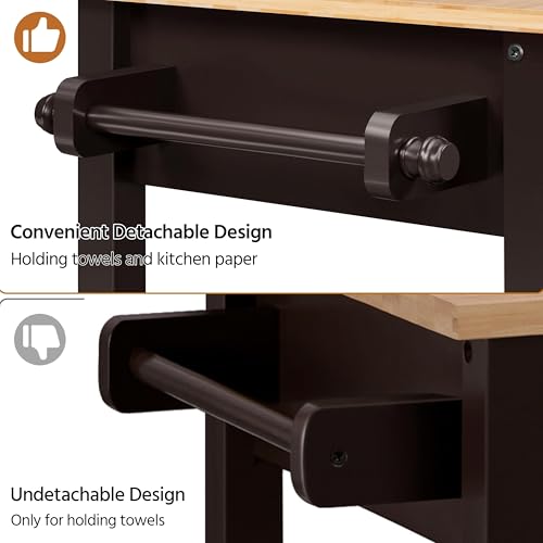 Yaheetech Kitchen Island Cart on Wheels with Bamboo Tabletop, 3-Tier Rolling Kitchen Island Microwave Cart with Drawer, Detachable Towel, 3 Hooks, 17