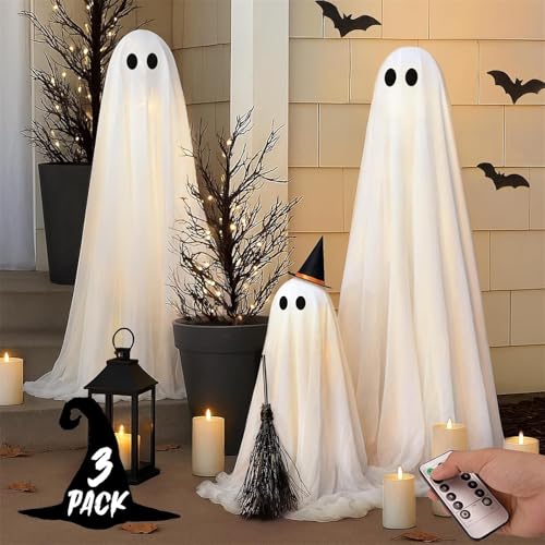 Halloween Decorations Outdoor Indoor- 3 Packs DIY Light-Up Spooky Ghosts with Remote Control String Lights, Witch Hats, Halloween Ghost Kits Decor Party Yard Porch Lawn Mantel Home Front Door
