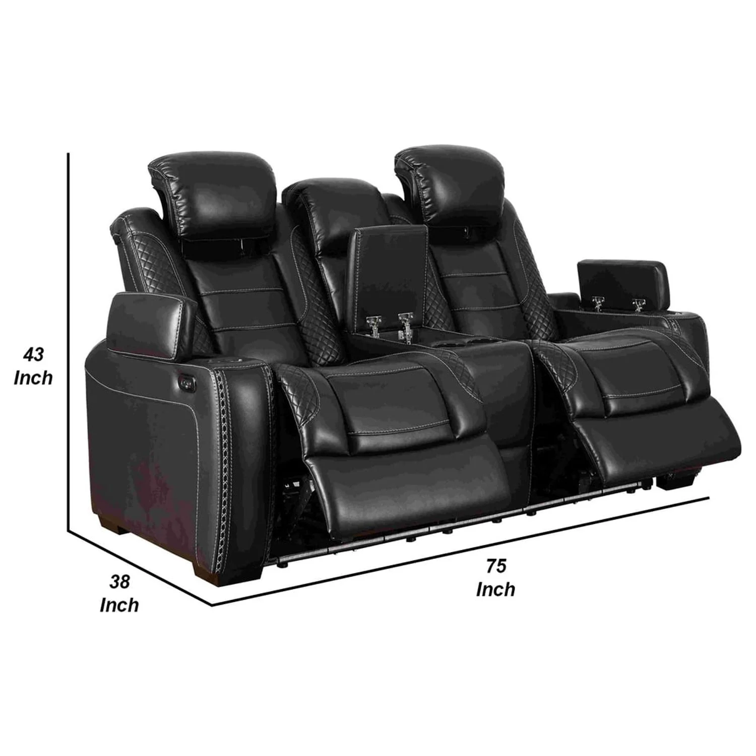 Benjara Power Recliner Loveseat with Console and Adjustable Head, Black