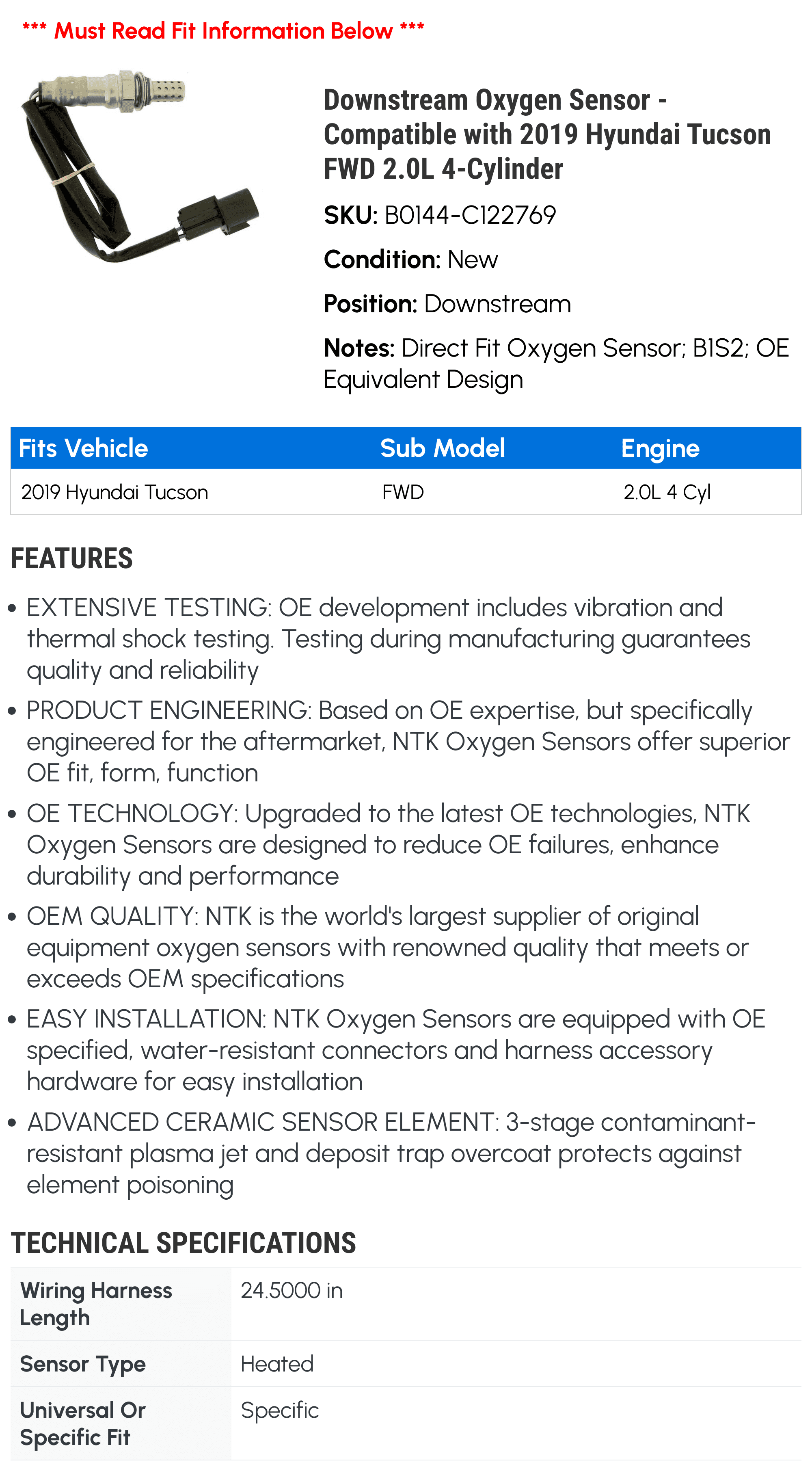 Downstream Oxygen Sensor - Compatible with 2019 Hyundai Tucson FWD 2.0L 4-Cylinder