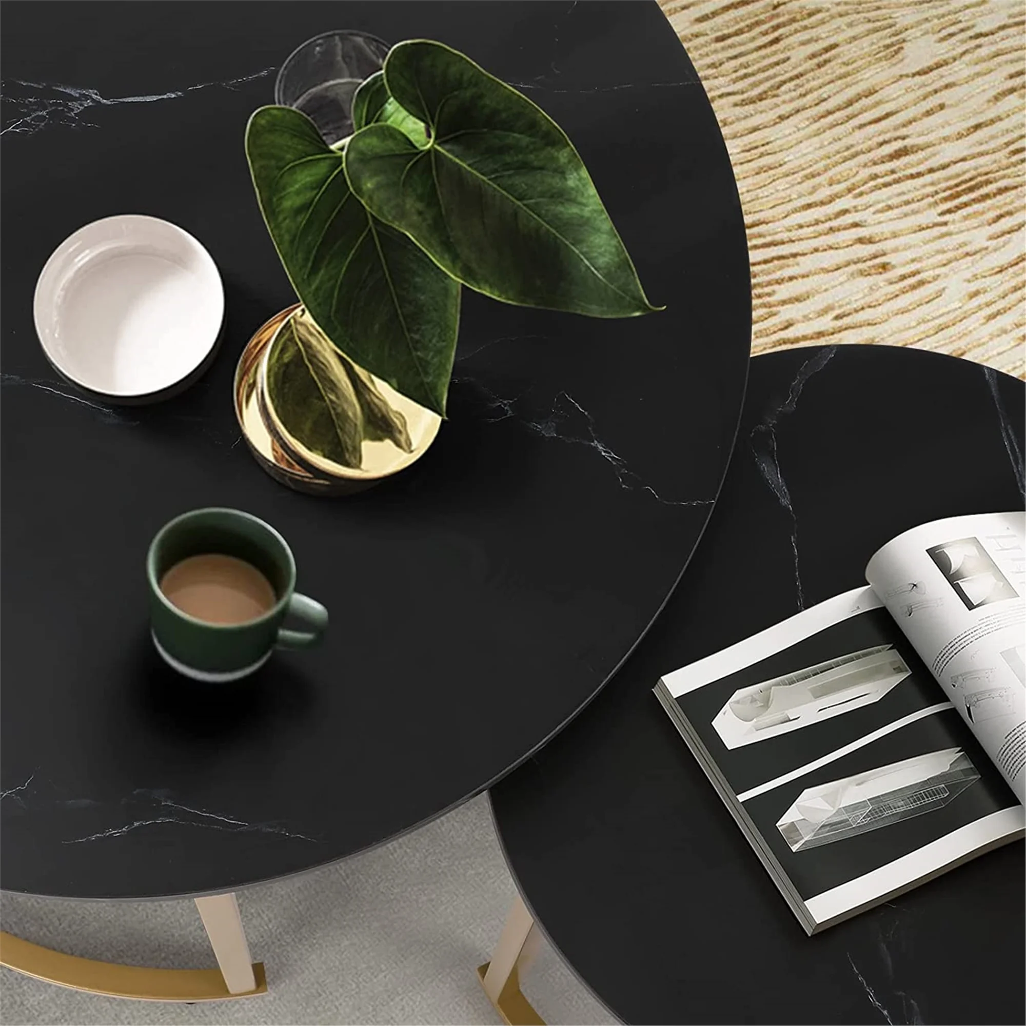 Modern Round Nesting Tables with Metal Frame (Set of 2) (White & Black)