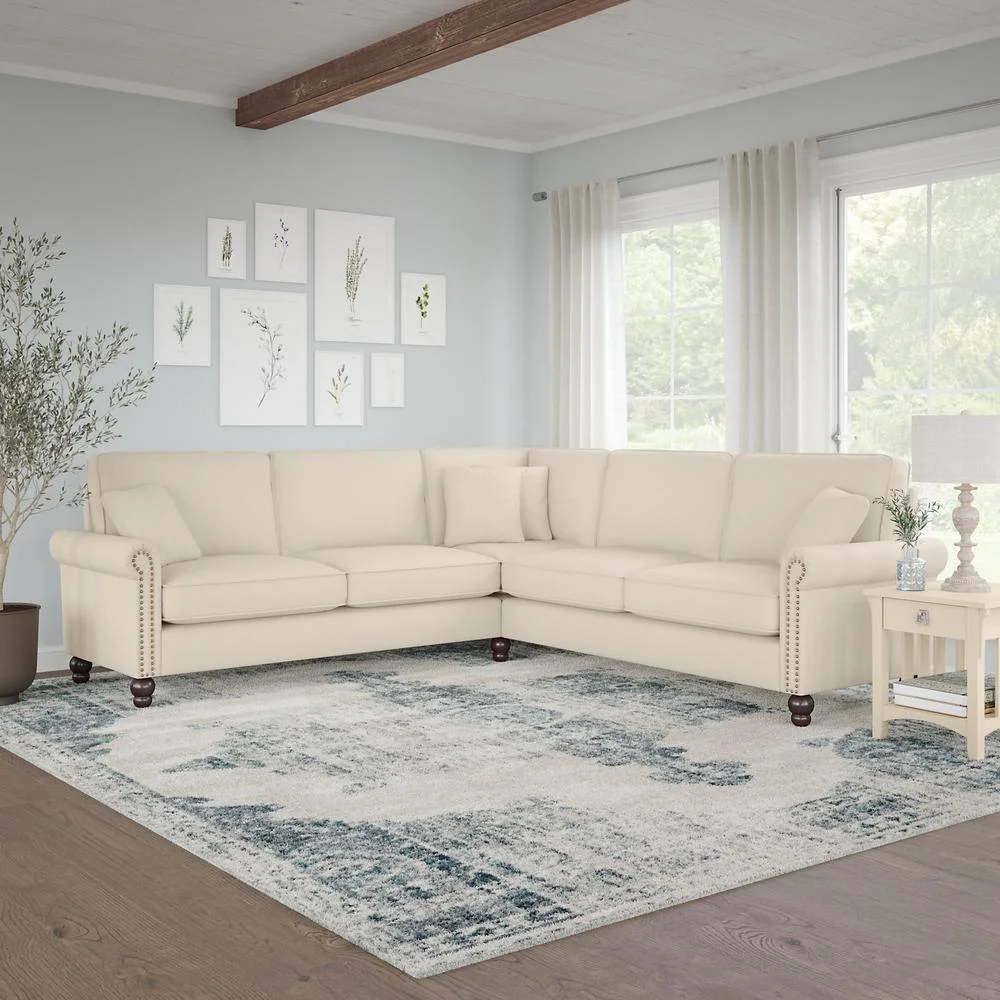 Bush Furniture Coventry 99W L Shaped Sectional Couch in Cream Herringbone