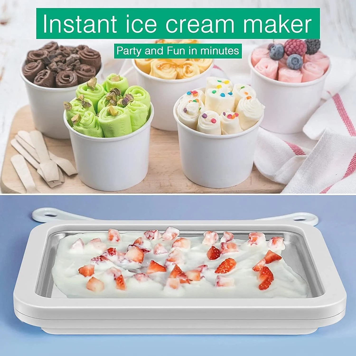 Cefrank Ice Cream Roll Maker Fun DIY Instant Rolled Icecream Plate with 2 Spatulas for Kids Family Yogurt Sorbet Gelato